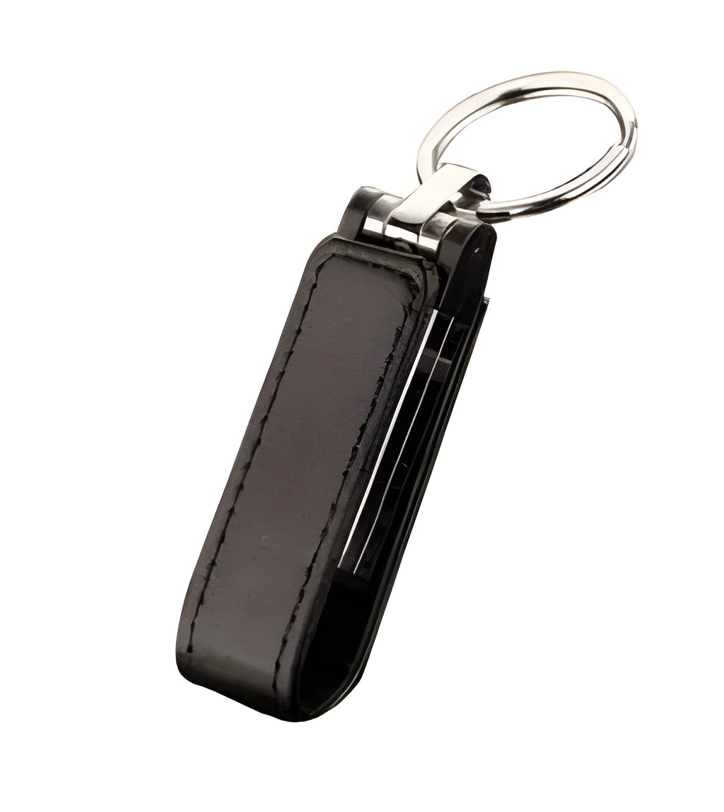 Leather USB 2.0 flash drive keychain in brown with keyring attachment on a white background