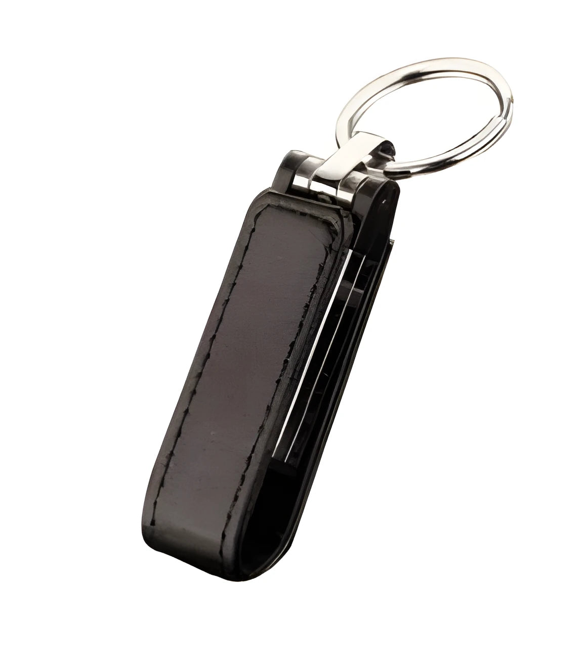 Leather USB 2.0 flash drive keychain in brown with keyring attachment on a white background