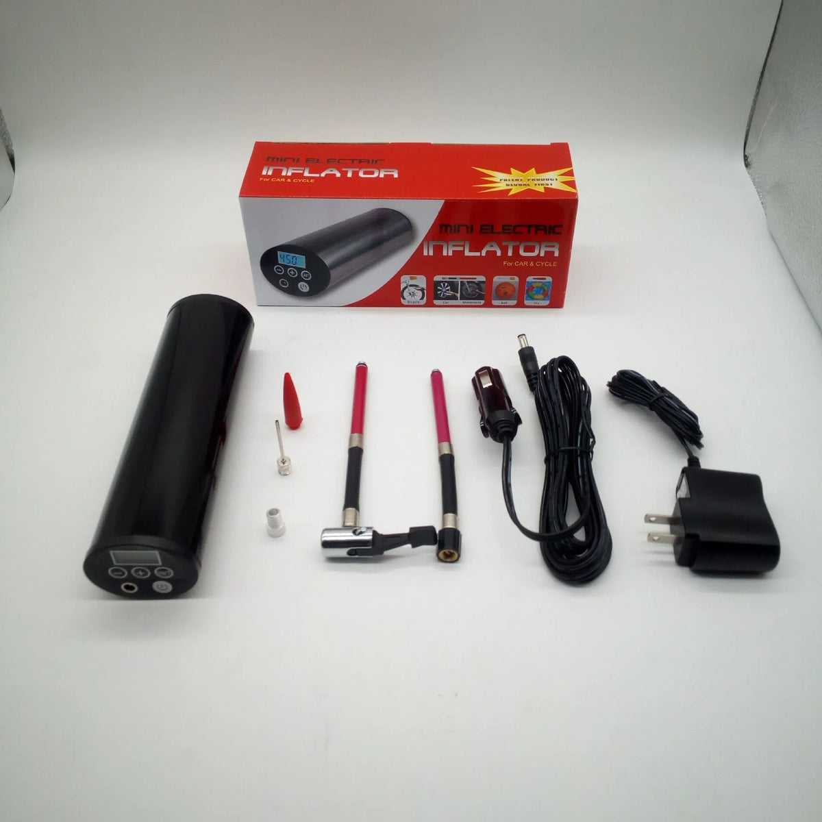 Digital display inflatable pump cylinder with stainless steel finish and hose attached