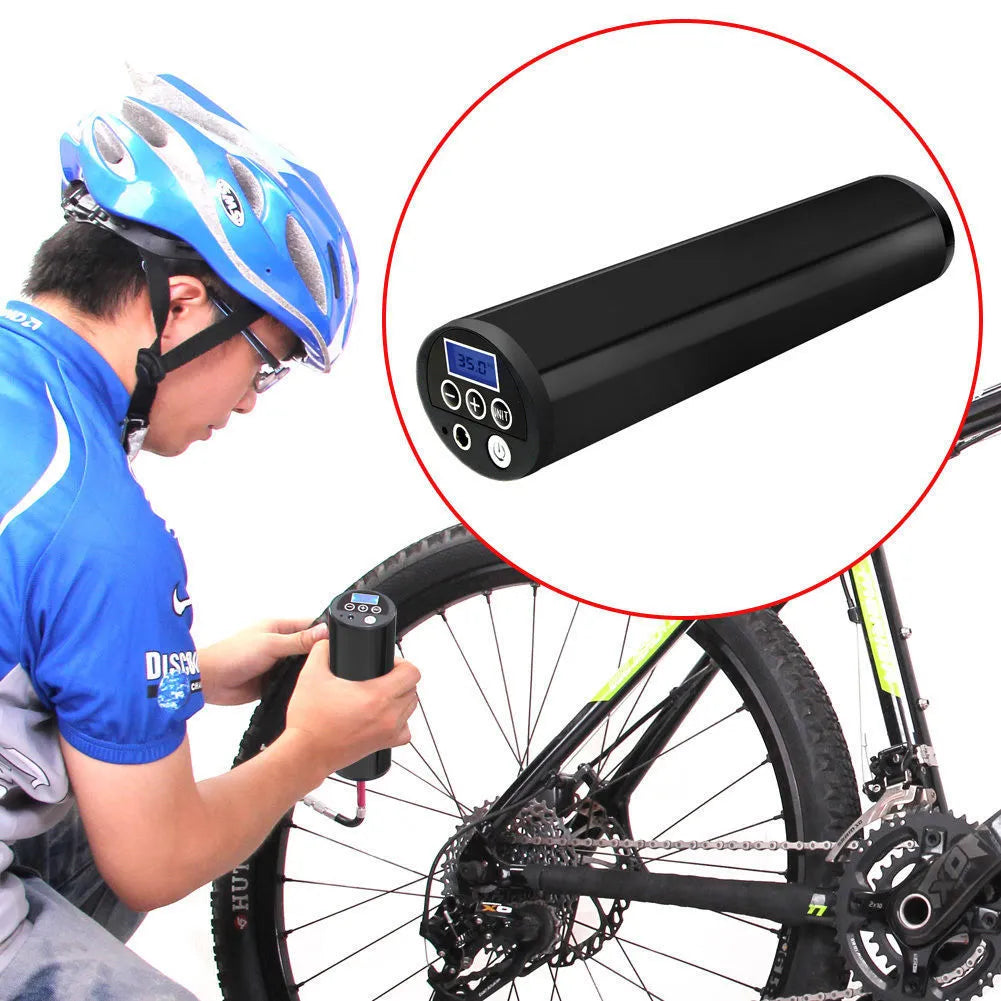 Digital display inflatable pump cylinder with stainless steel finish and hose attached