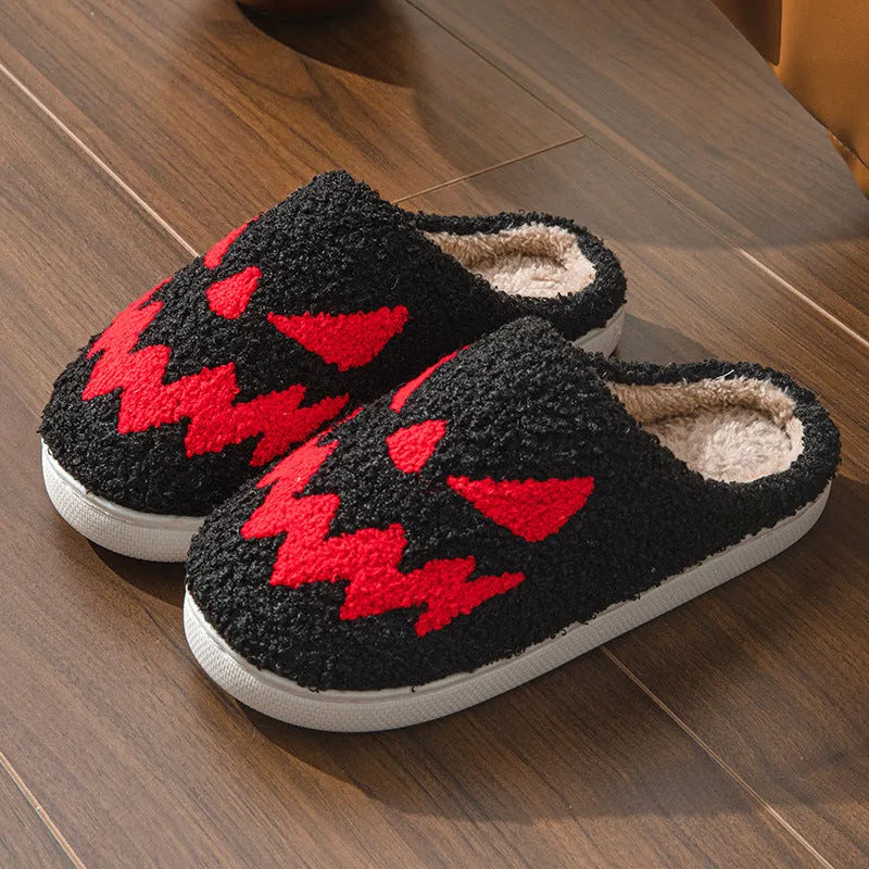 Halloween couple slippers with Lightning Ghost Face embroidery in black and orange on suede upper