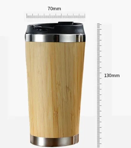 Bamboo travel coffee cup with double-wall insulation and leak-proof lid, 420ml capacity