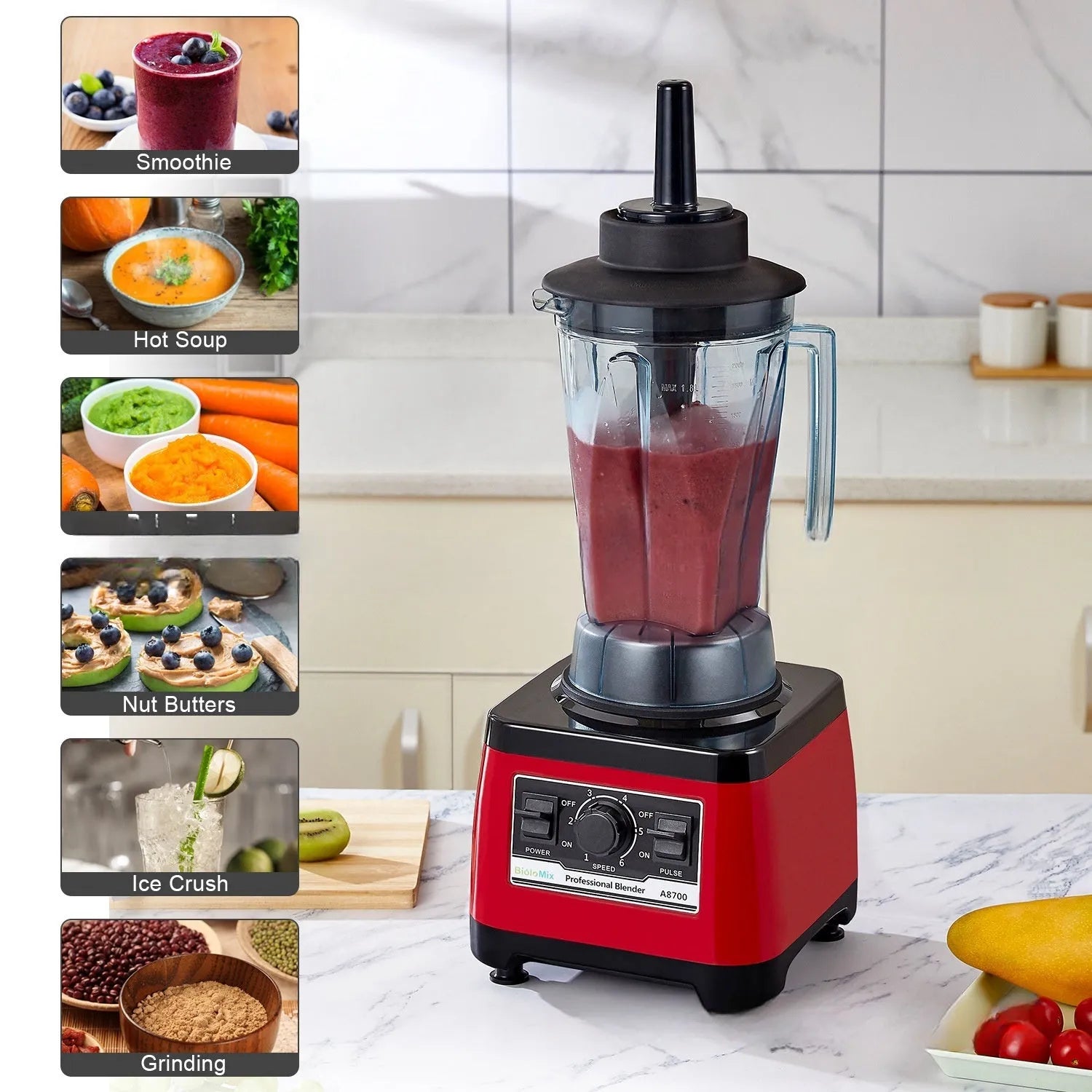 Red industrial-style commercial blender with 2200W motor and 2-litre capacity jug.