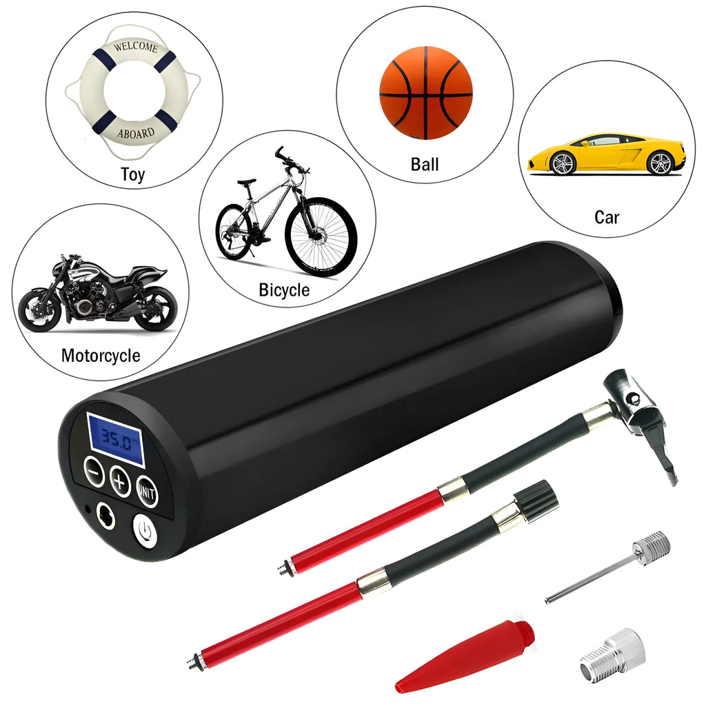 Digital display inflatable pump cylinder with stainless steel finish and hose attached