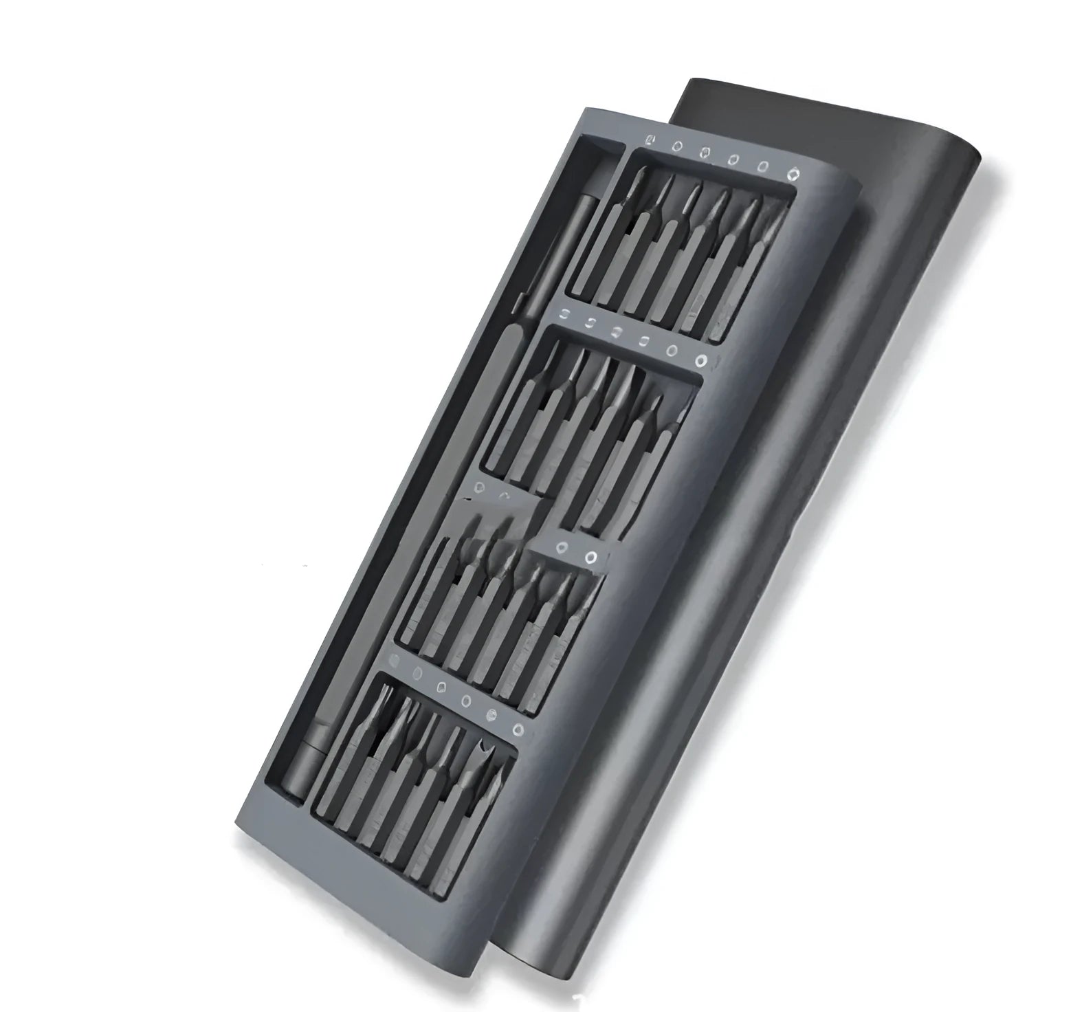 24 in 1 grey aluminium alloy screwdriver set with S2 steel bits on a workbench