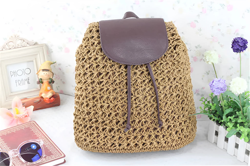 Khaki fashion straw bag cylindrical women's backpack with woven paper rope exterior and double straps