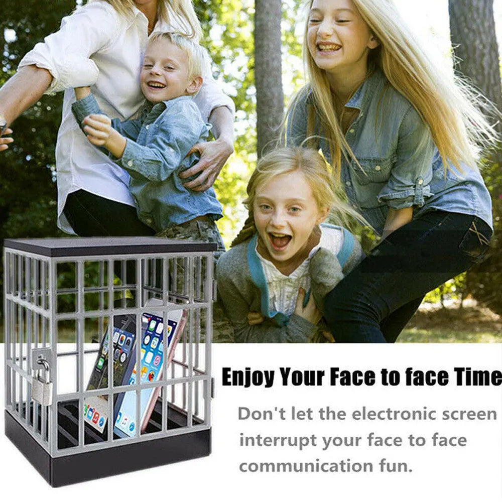 Grey plastic phone storage cage with six grooves and padlocks for locking mobile devices