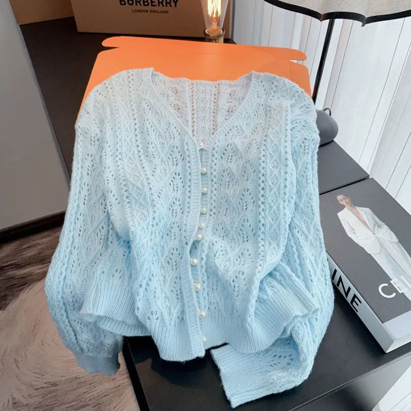 Blue V-neck loose thin cardigan top with flying sleeves and hollow detail, acrylic knit, sizes S to 2XL.