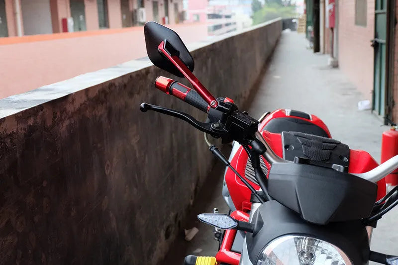 CNC aluminium alloy motorcycle rearview mirror in black on bike handlebar