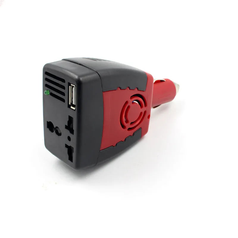 Black and red 150W car power inverter converting 12V DC to 110V AC with USB port.