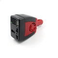 Black and red 150W car power inverter converting 12V DC to 110V AC with USB port.