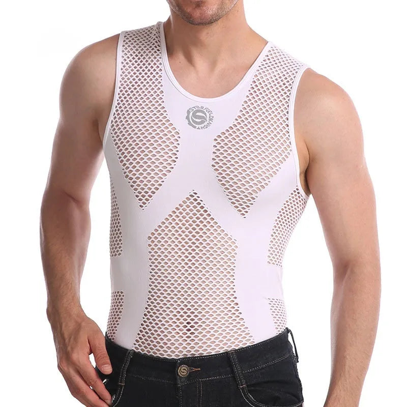 Men's solid white spandex mesh top with sweat-wicking function, shown in sizes L to XXXL