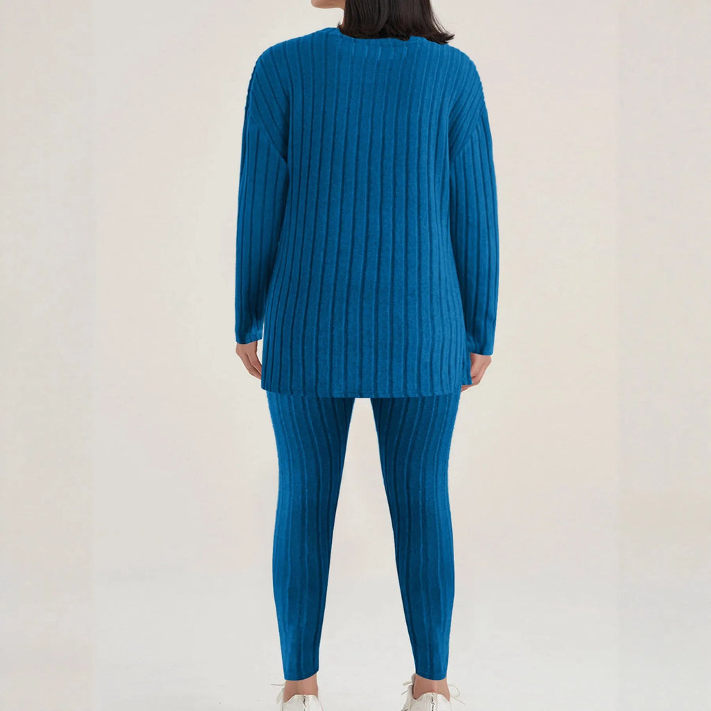 Black sunken stripe two-piece homewear set with regular sleeves and matching trousers