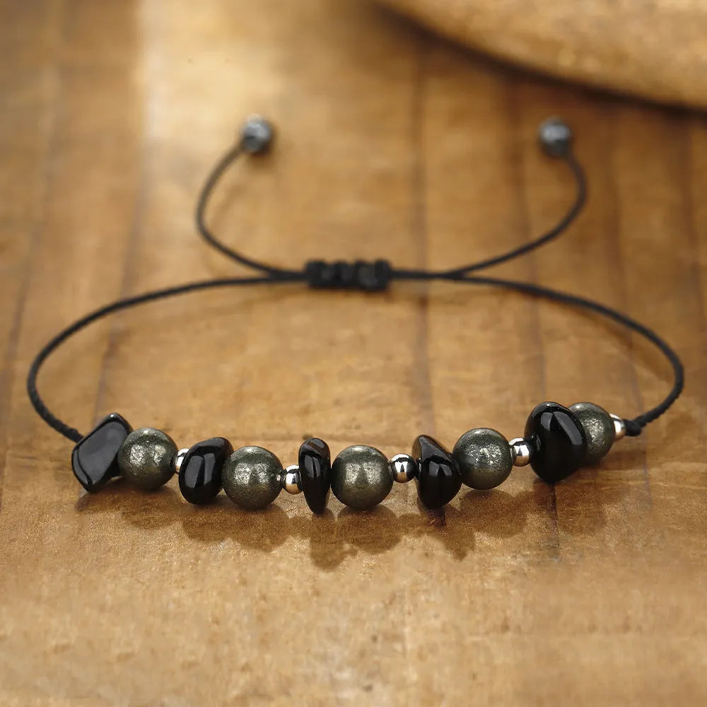 Black garnet stone beaded bracelet with geometric shapes and moon element design
