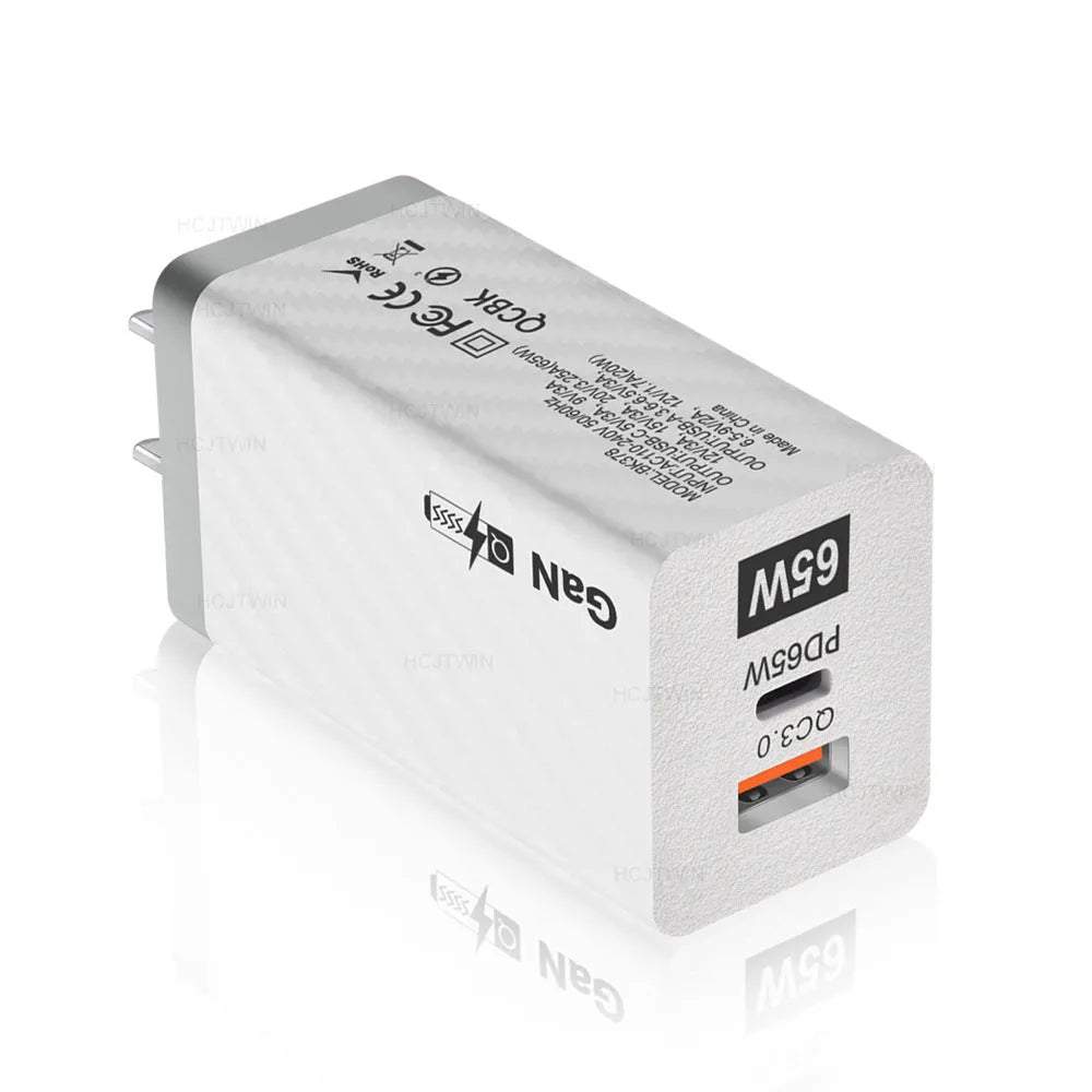 65W GaN universal laptop charger in white or black with compact dimensions and USB-C PD port