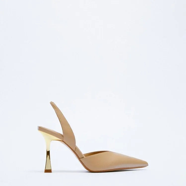 Apricot and black pointed-toe patent leather high heels for women with a shallow cut-out vamp.