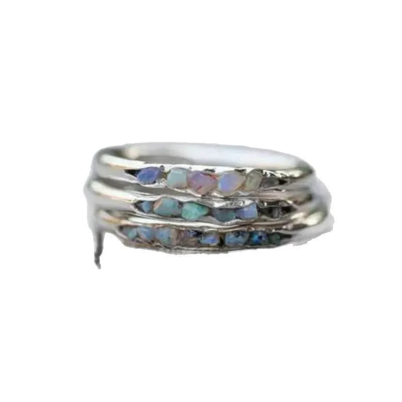 Gold-plated copper unisex ring with three-layer inlaid natural stone and cubic zirconia in silver geometric round design size 8