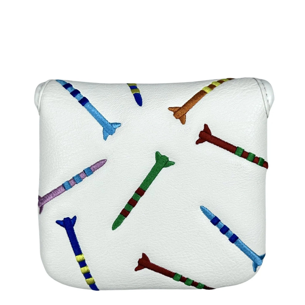 Square black golf putter protective sleeve with white rocket pattern design.