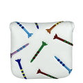 Square black golf putter protective sleeve with white rocket pattern design.