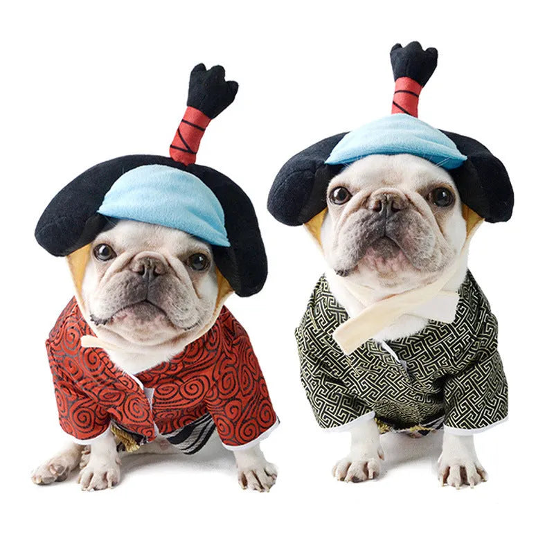 Japanese kimono dog warrior costume in black or red polyester pet clothing, sizes S to XL.