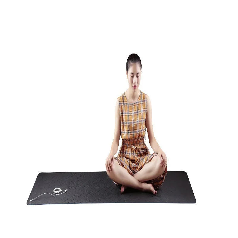 Blue conductive grounding yoga mat with plant and flower pattern, measuring 182x61cm with non-slip TPE surface