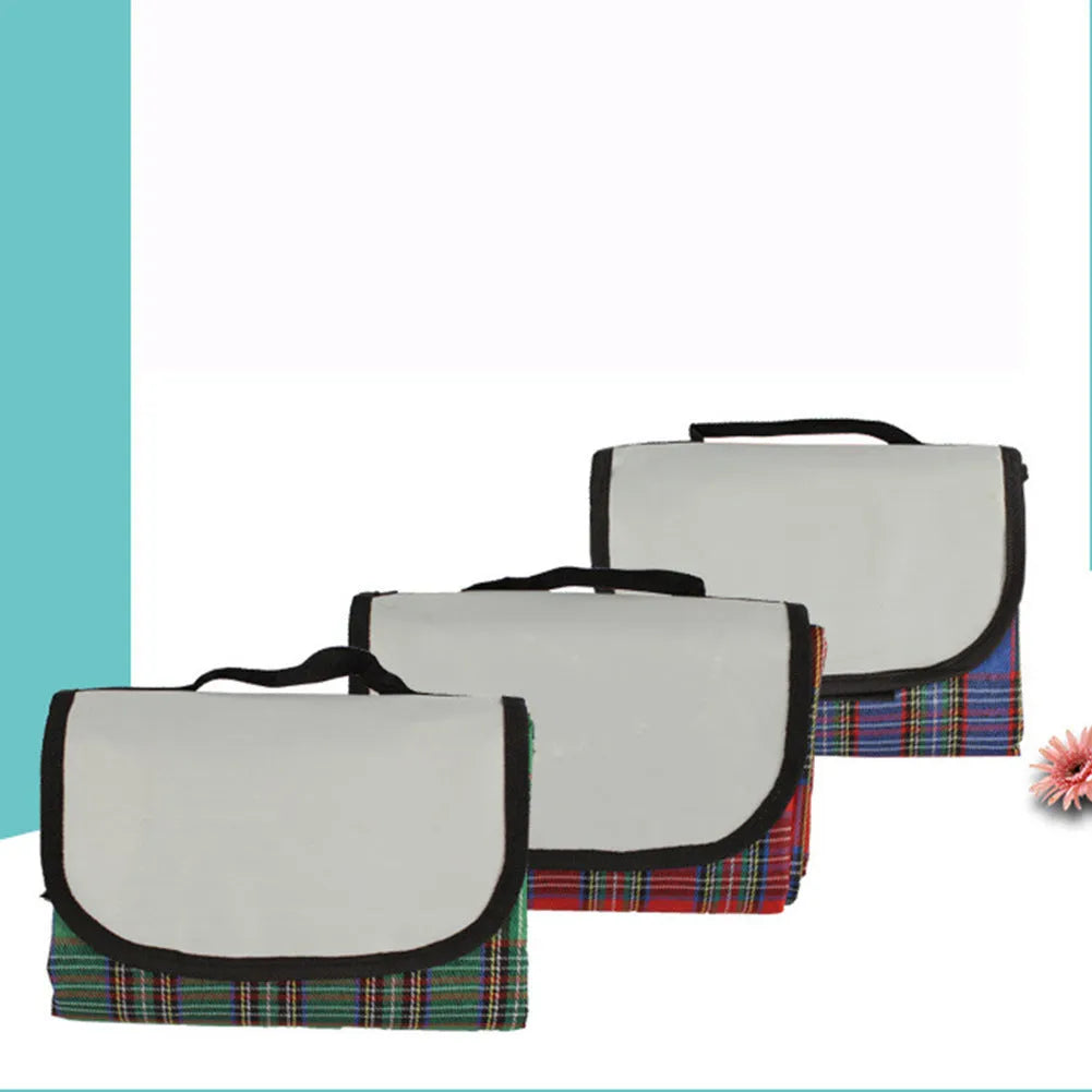 Waterproof acrylic picnic mat in green, red, or blue plaid, 150 x 100cm, with one cushion