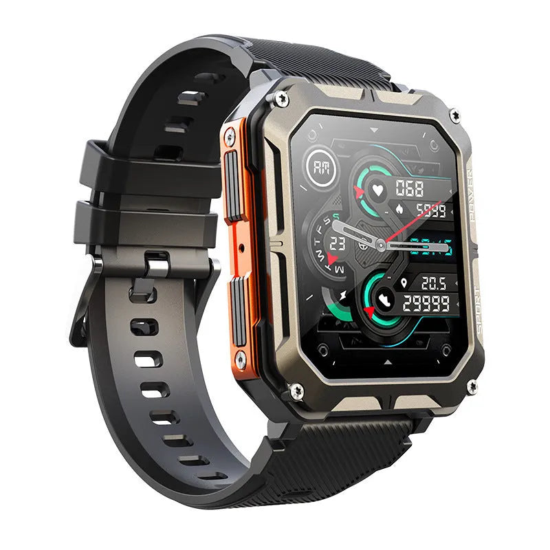 Smart bracelet with TFT screen and touch button in black, showing heart rate monitoring and Bluetooth calling features