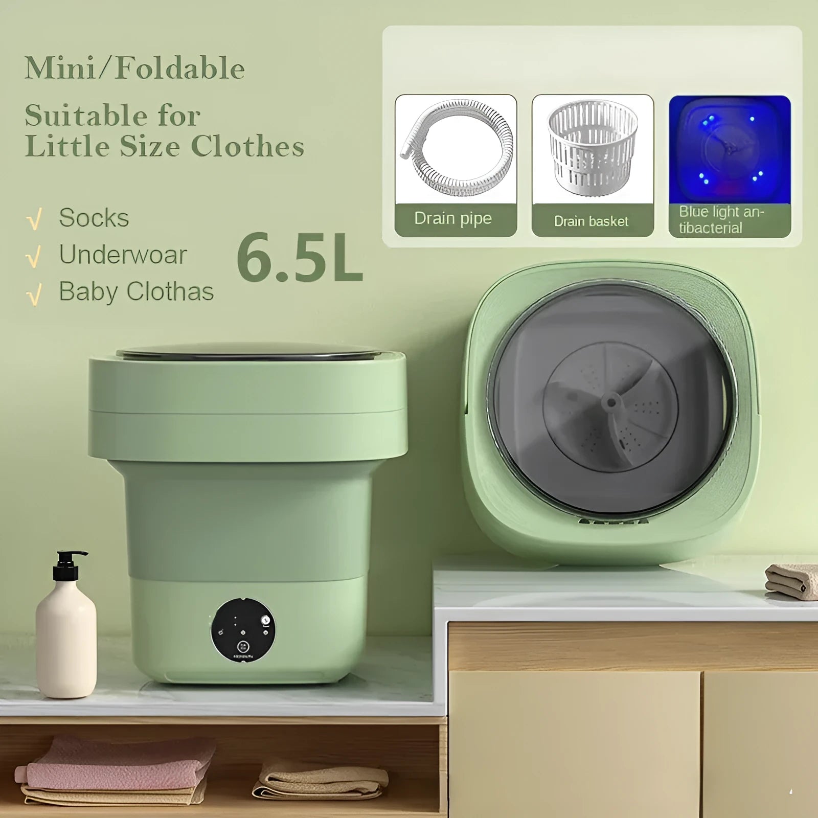 Foldable portable washing machine in pine forest green colour with drain accessories