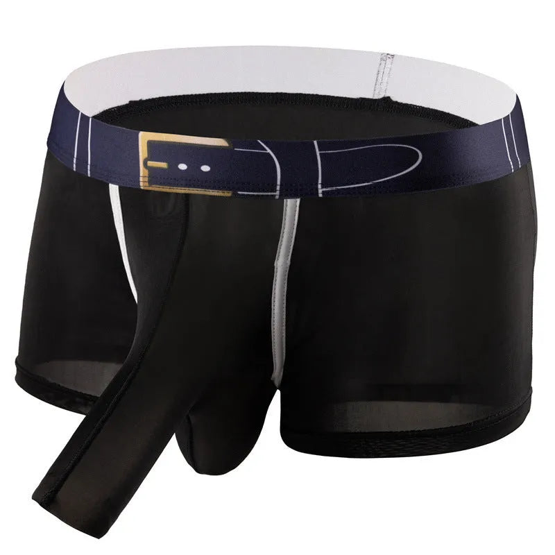 Men's solid colour Ice Silk boxer shorts on a mid waist, shown in blue colour option