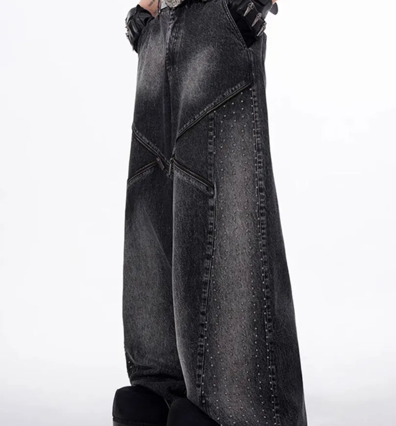 Korean style washed denim two-piece set with wide leg pants and matching waistcoat in black and grey