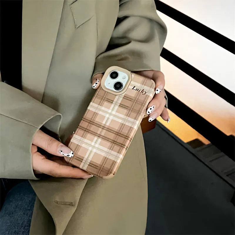 Silicone anti-fall phone case with embossed light coffee plaid lucky letter design for iPhone 13 Pro