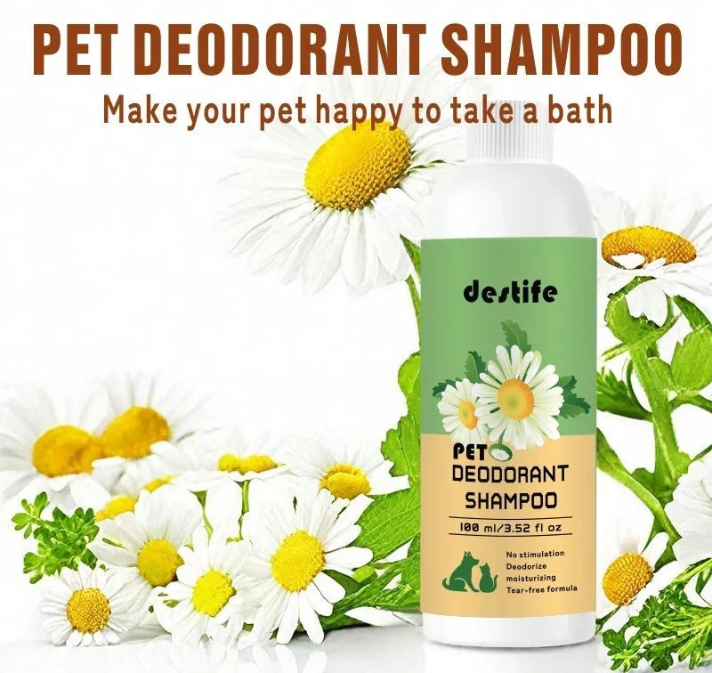 100ml bottle of pet shampoo shower gel with hair conditioner, fragrance and deodorant for dogs and cats