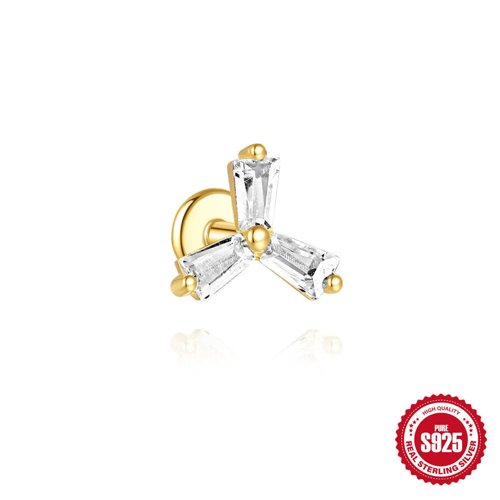 S925 sterling silver geometric stud earrings with inlaid zircon stone in a golden clover design.