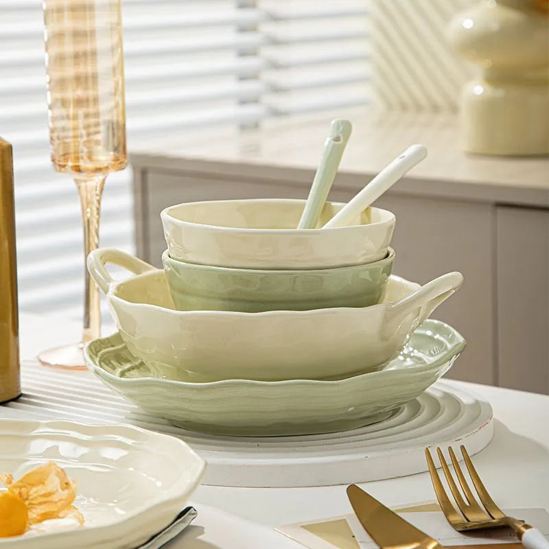 Seven-piece ceramic tableware set in solid colours with simple modern design