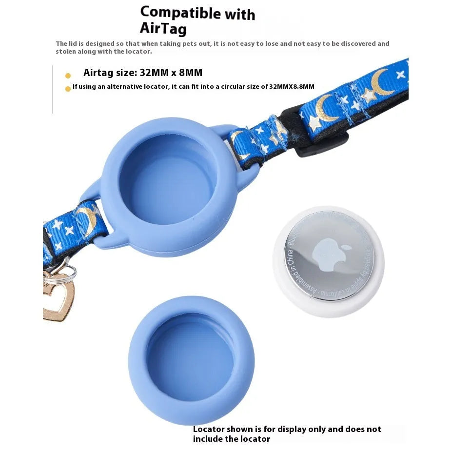 Plastic Apple AirTag protective case for cat collars in pink, blue, light green, and black colours with adjustable band.
