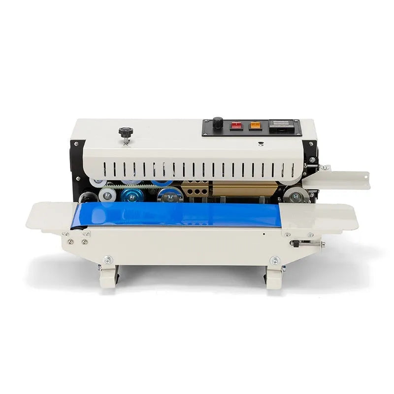 Compact manual steel sealing machine with a date print function on its sealing jaw.