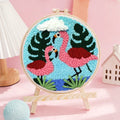 Handmade embroidery kit with linen fabric featuring a cute cartoon Flamingo Paradise design, multicolour style options