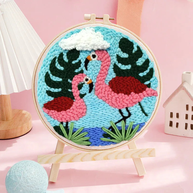 Handmade embroidery kit with linen fabric featuring a cute cartoon Flamingo Paradise design, multicolour style options