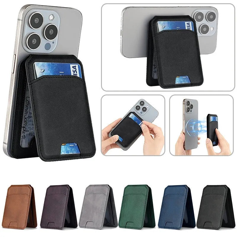 Multifunctional PU mobile phone holder card bag with magnetic suction folding stand in black