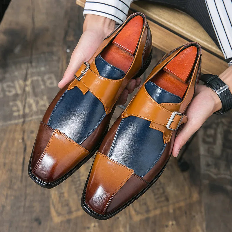 Men's British retro style casual leather shoes with buckle and tall crown upper in brown blue colour