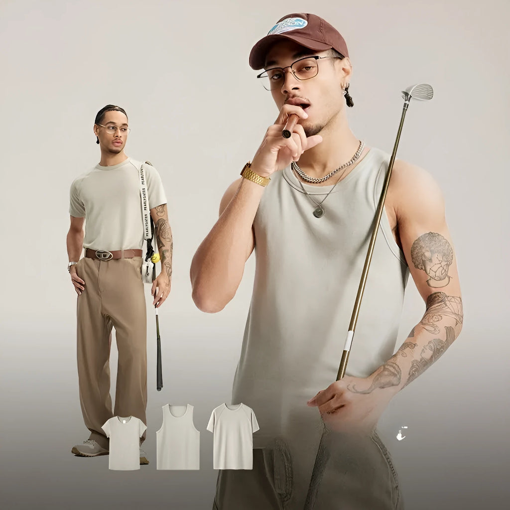 Slim fit leisure T-shirt collection showing vest and short sleeve options in beige, gray and black colours