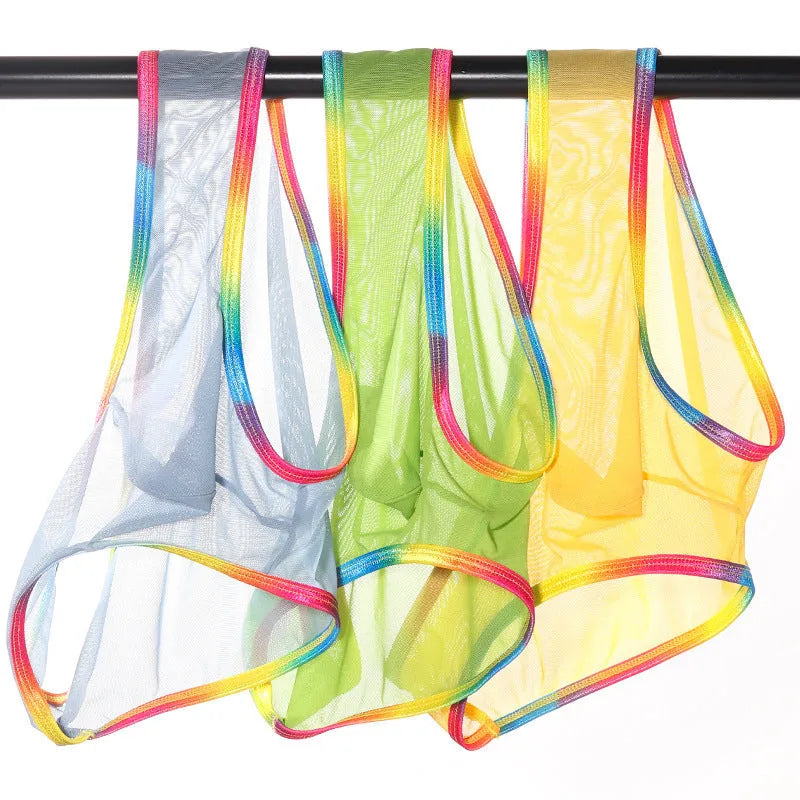 Mesh nylon briefs in six colours showing transparent knitted fabric and briefs style