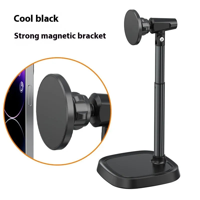 Magnetic phone holder retractable desktop stand in T8 magnetic black, alloy construction, universal fit