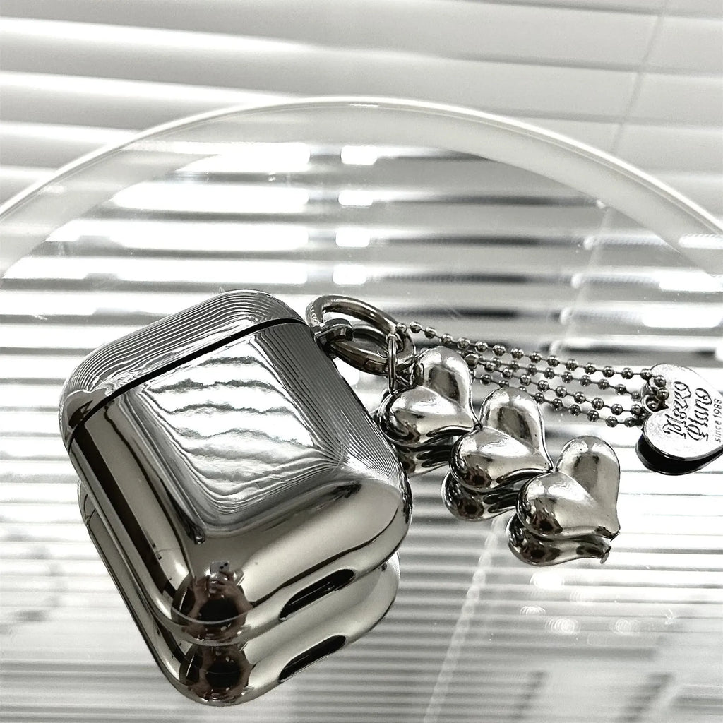 Electroplated solid colour heart pendant design TPU case for AirPods with a carrying chain attached