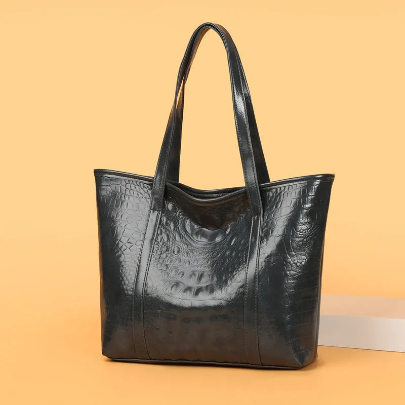 Women's soft PU leather large capacity shoulder bag with crocodile pattern, dark blue colour