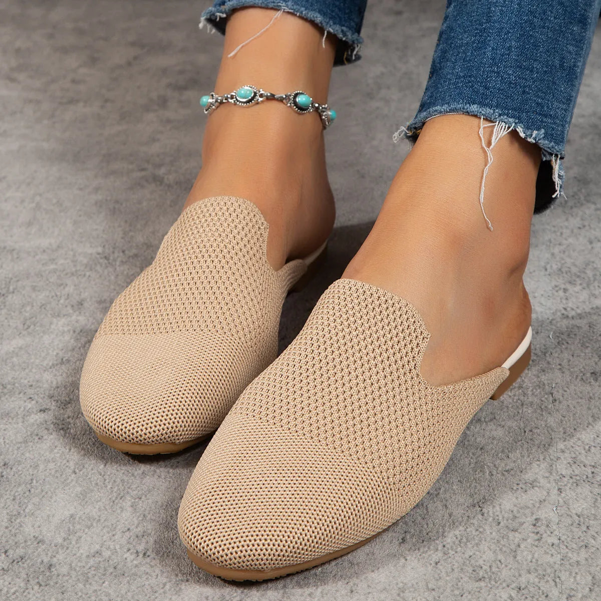 Women's mesh slip-on sandals in apricot colour with cloth upper and rubber sole