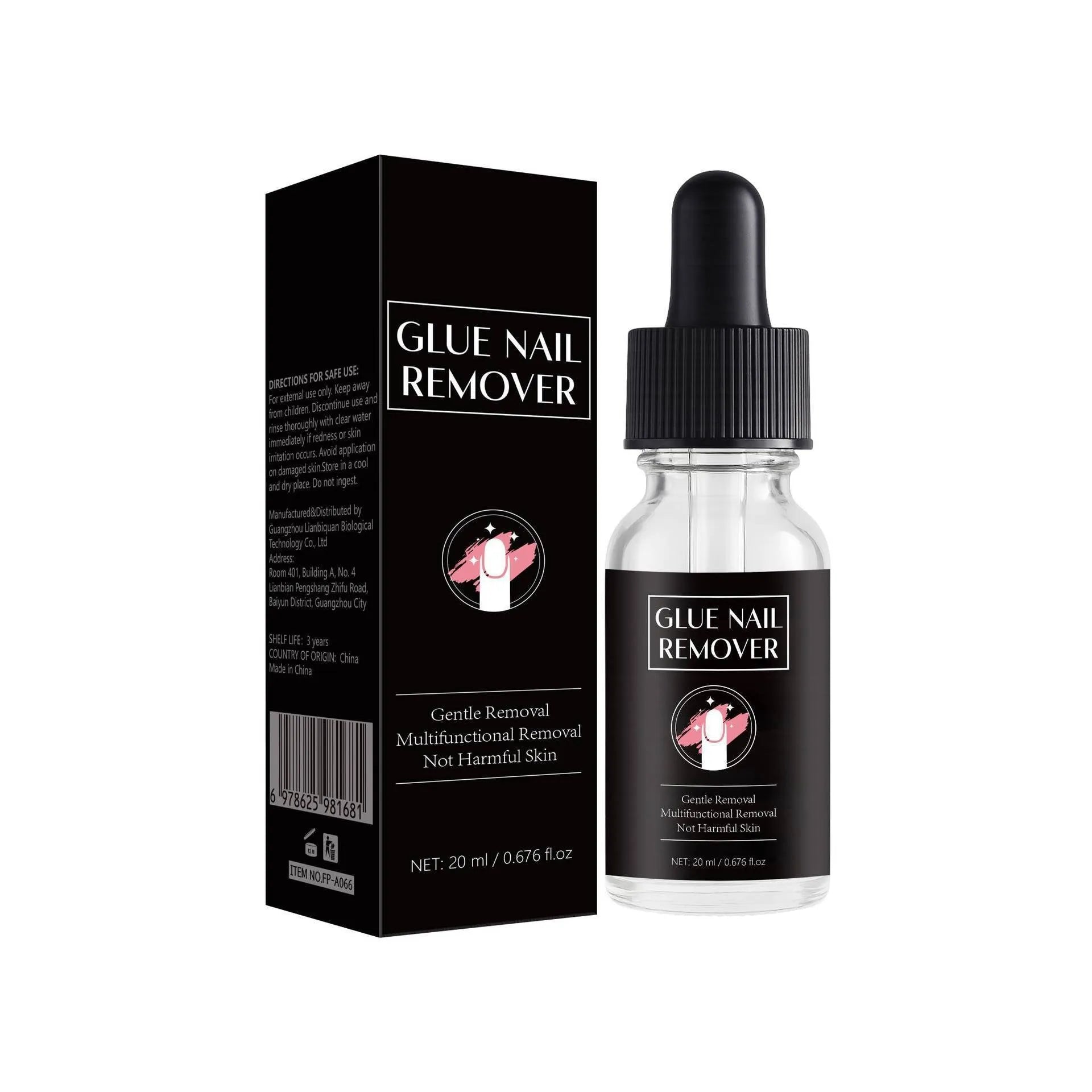 20ml bottle of FP-A066 nail glue remover appliance for UV and acrylic adhesives.