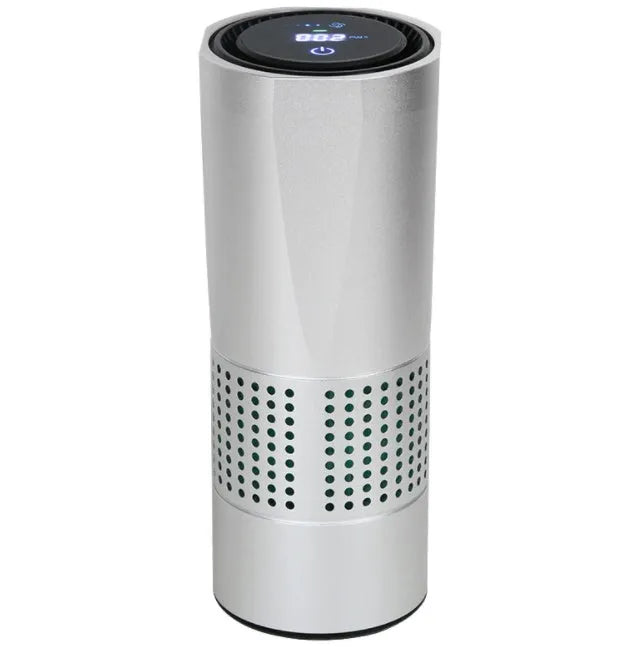 Aluminium alloy car cup holder air purifier with USB cable and negative ion generator display.