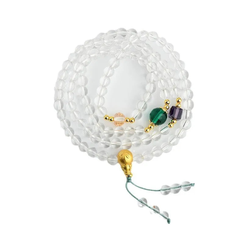 White crystal 108-bead rosary bracelet necklace with geometric beads in ethnic style