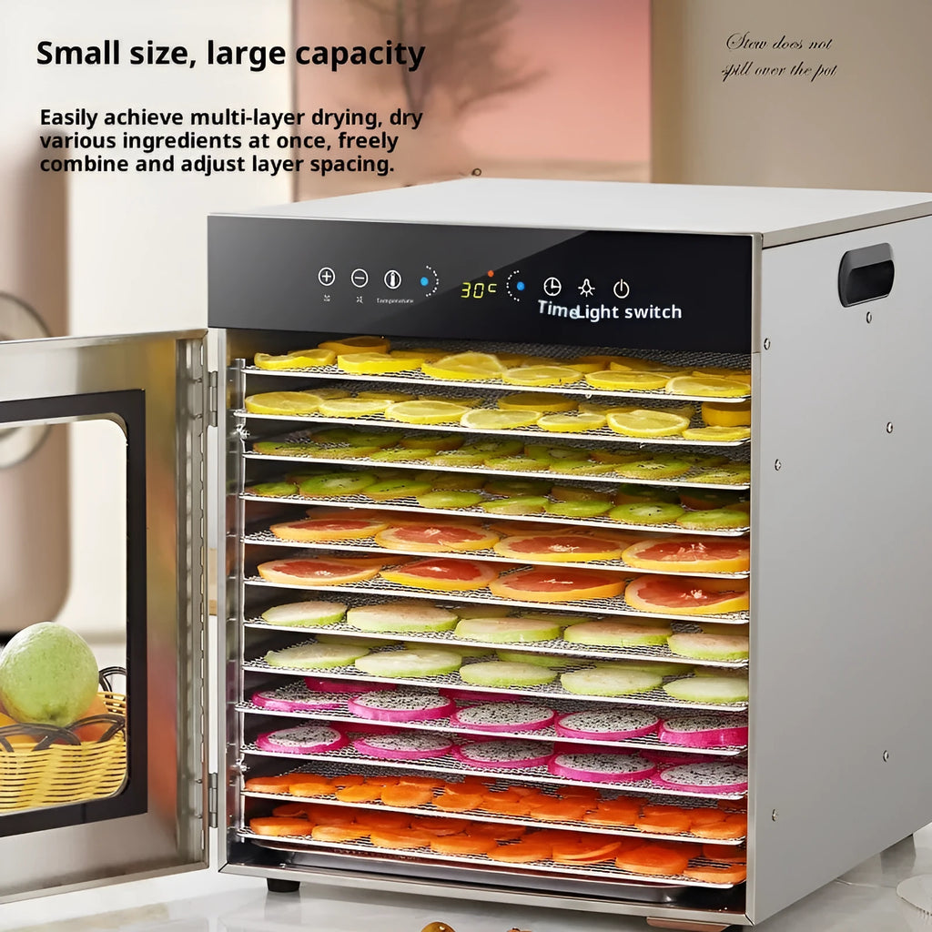 12-layer stainless steel food dehydrator with D-type touch screen panel and 19.5x28cm drying nets